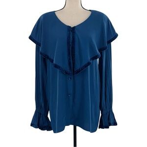 Hairston Roberson Ropa Blue Rayon Blouse Velvet Trim Ruffle Sleeve Women’s Large